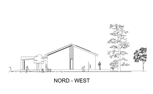 Neubau eines öffentlich nutzbaren Umkleidegebäudes mit Mehrzweckraum in Bielefeld - Ansicht Nord-West